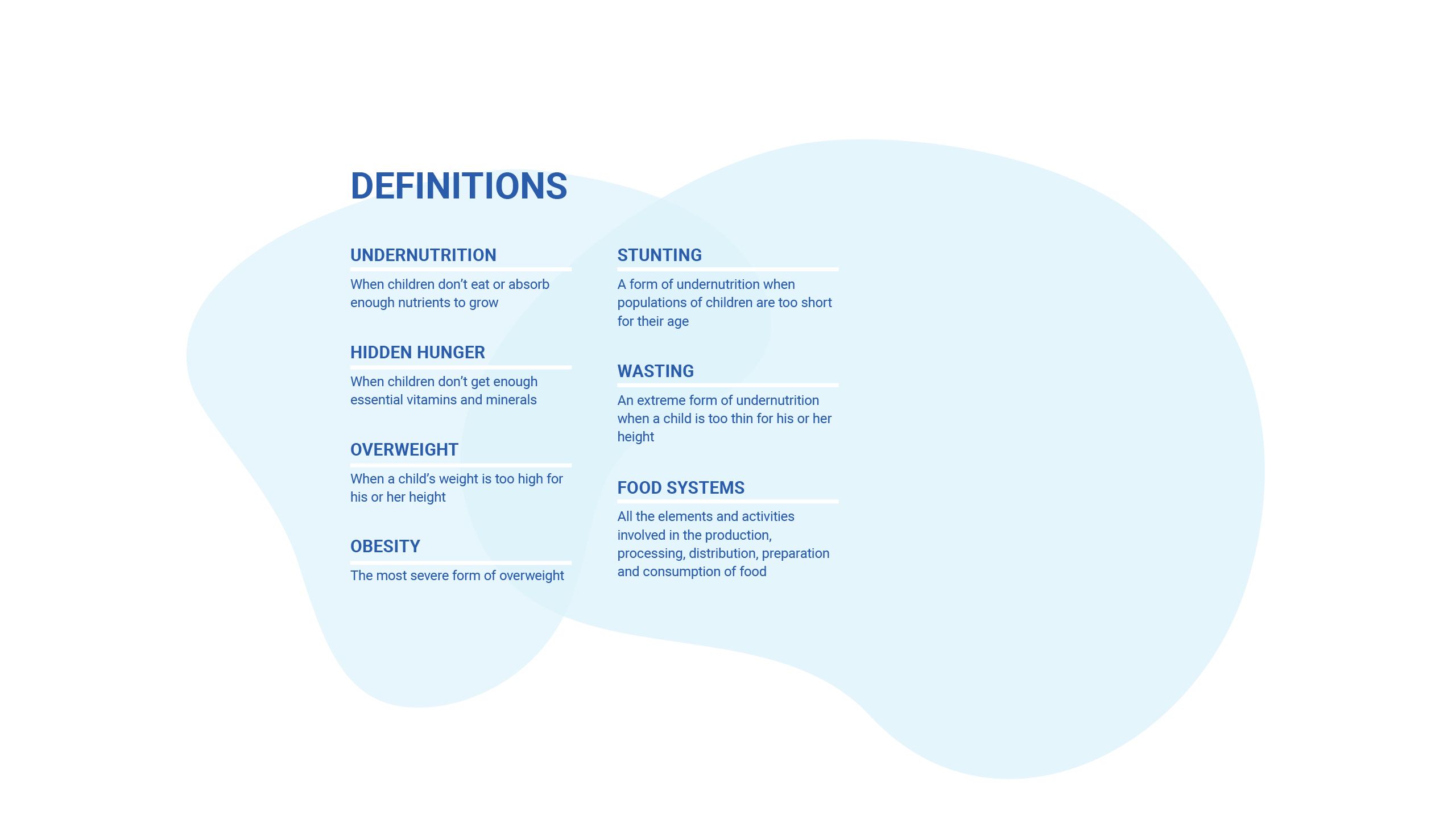 Definitions: stunting, wasting, food systems